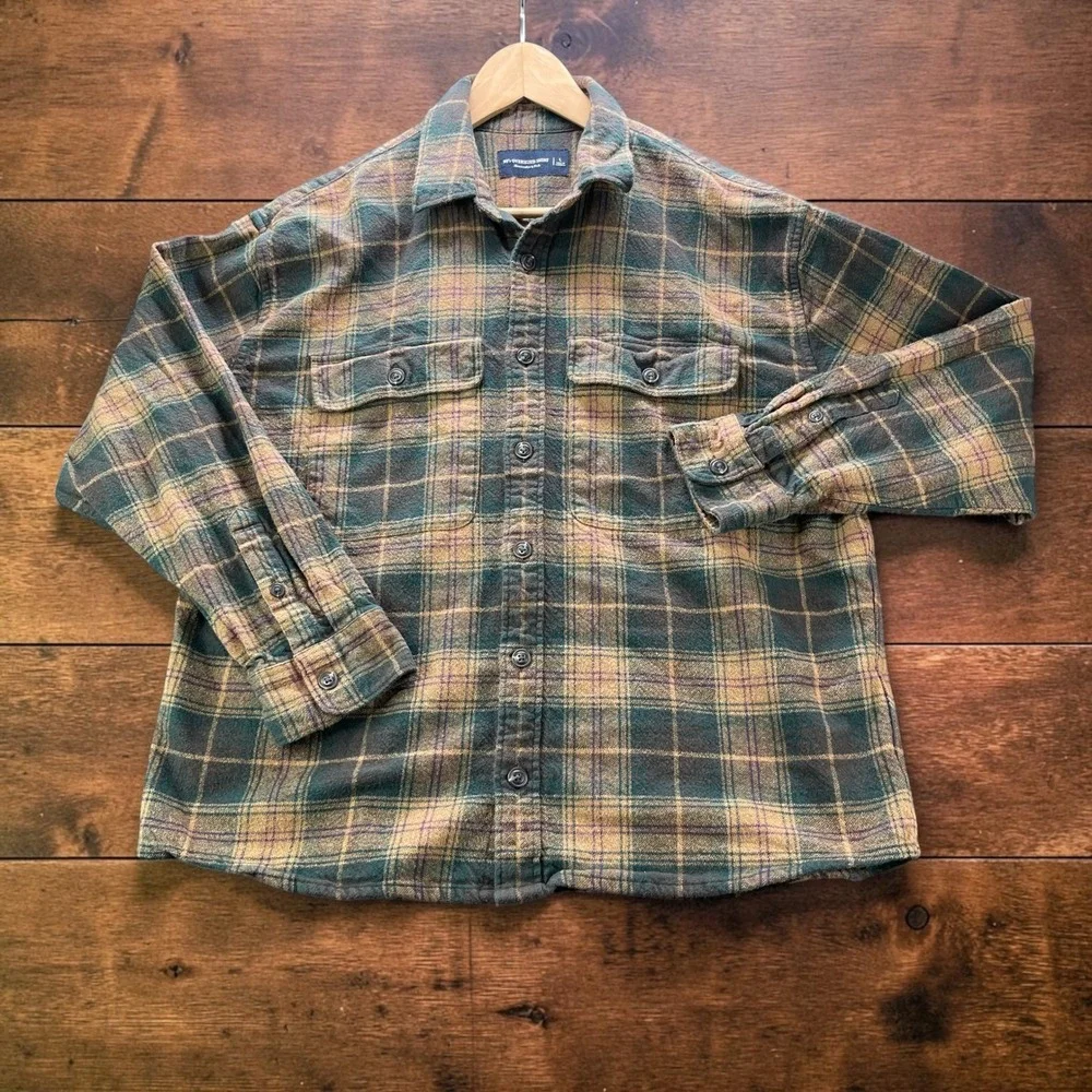 Abercrombie & Fitch 90s Oversized Shirt Green Tan Plaid Thick Flannel Mens LARGE